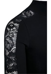 Urban Classics naisten musta pitk&auml;hihaisen toppi, pitsiraidat hihoissa ja korkea kaulus