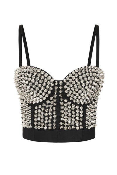 Hopeinen Banned Xenia toppi edest&auml; piikkidetaljeilla