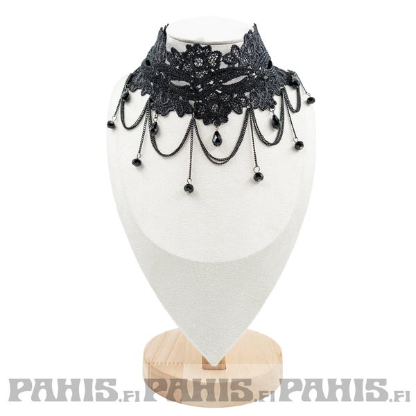 pitsi-choker &ndash; musta kaulakoru helmill&auml; ja kerroksittaisilla ketjuilla