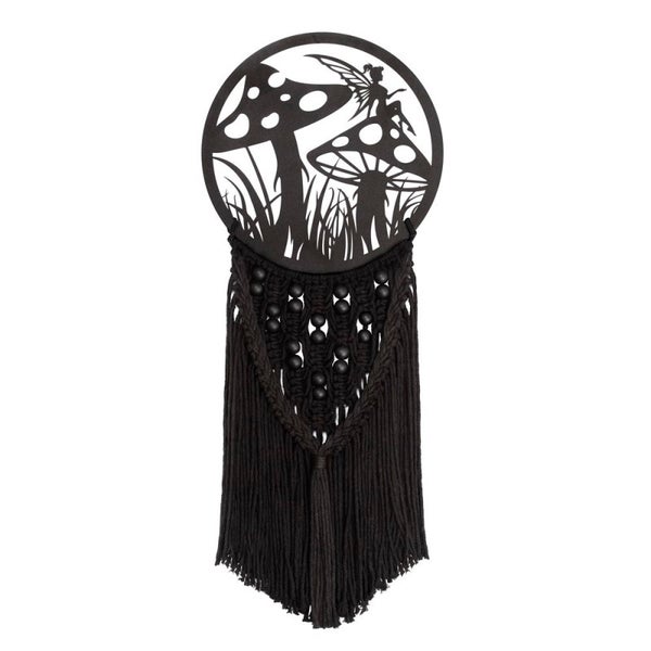 Alchemy Magic Garden musta makramee sein&auml;koriste puuhelmill&auml;, keiju-aihe